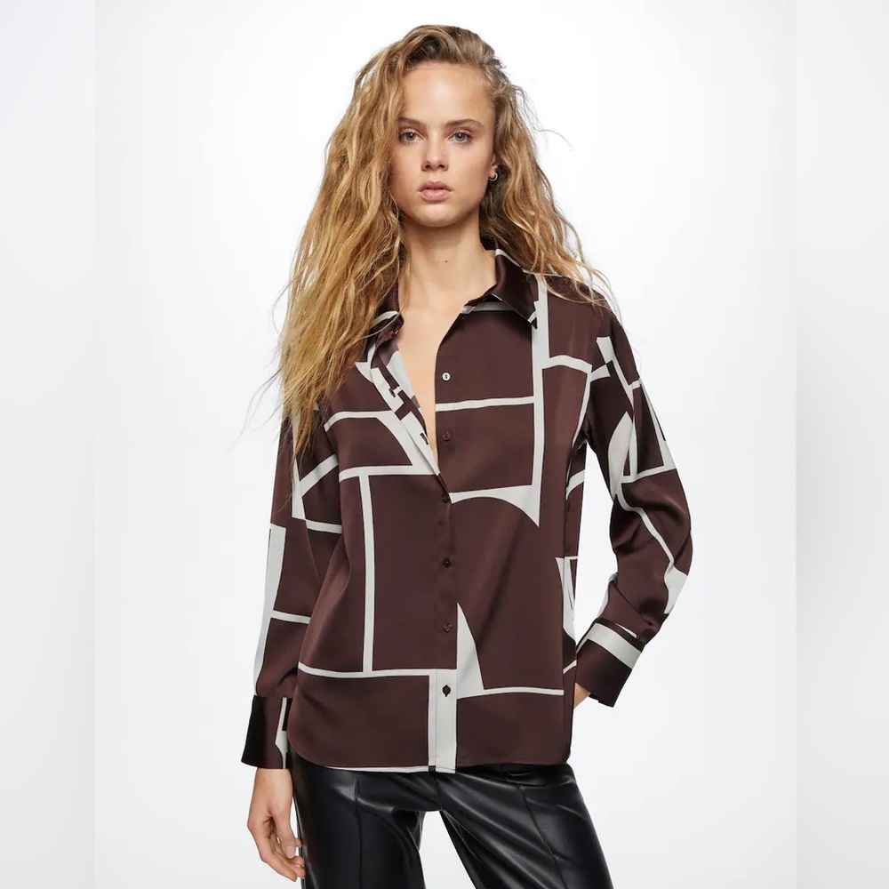 NWT Mango satin geometric print shirt - brown size 6